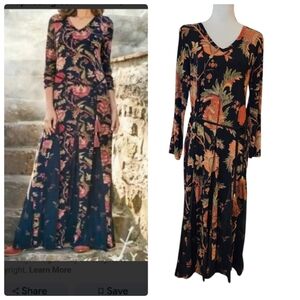 Soft Surroundings Prestwick Black Floral Dress Boho Mixed Media Belted Maxi PS